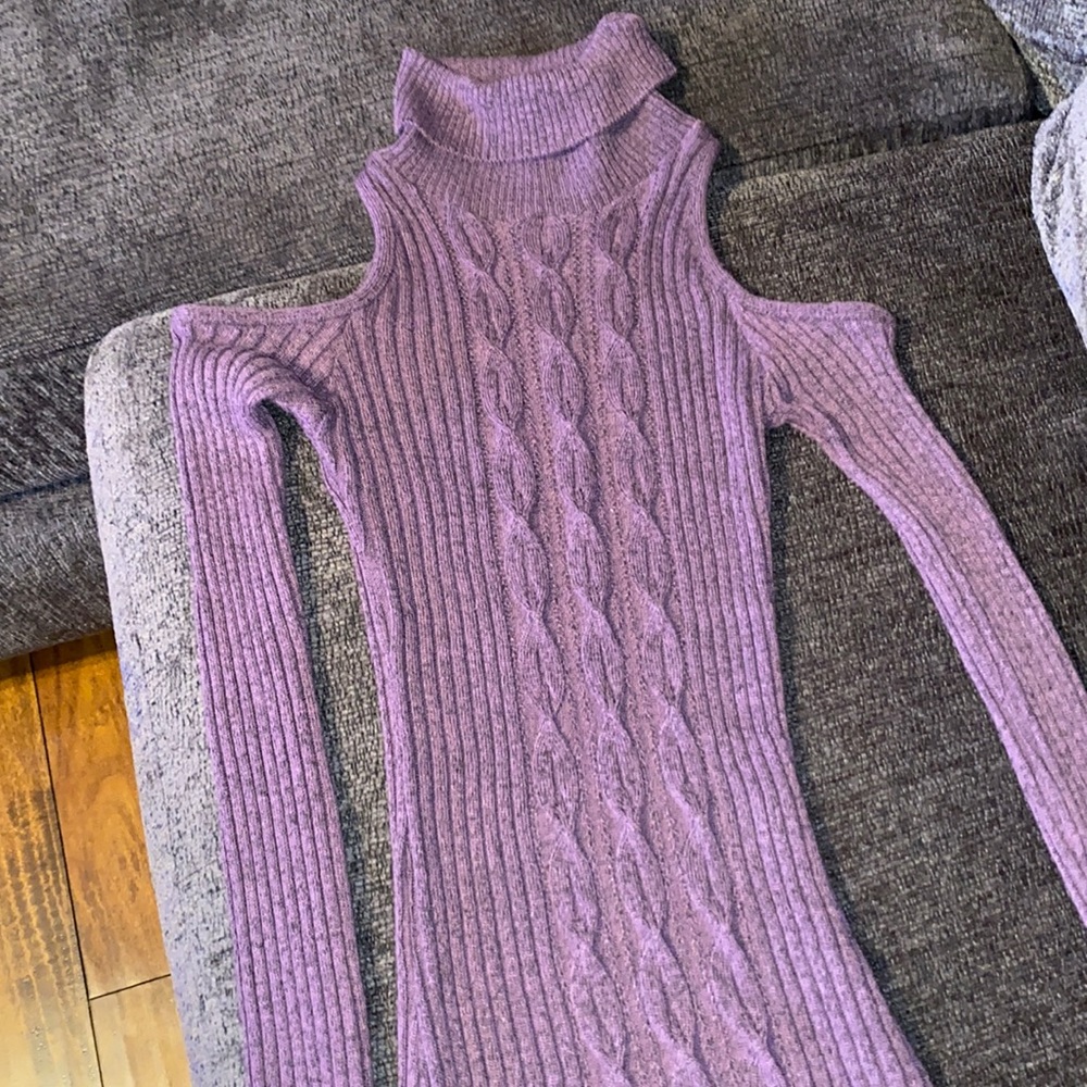 Cold shoulder, cable knit turtle neck sweater